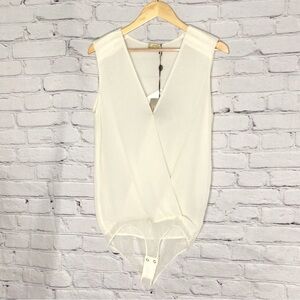 Lio Ju Milano White Milk Surplice V-Neck Sleeveless Sheer Bodysuit 46 XL NWT